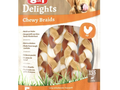 DELIGHTS CHEWY BRAID ОТ 8IN1 Е ДЪВЧАЩА ПЛИТКА, НАПРАВЕНА ОТ ТЕЛЕШКА КОЖА И БОГАТА НА ПИЛЕШКО МЕСО. XS/S